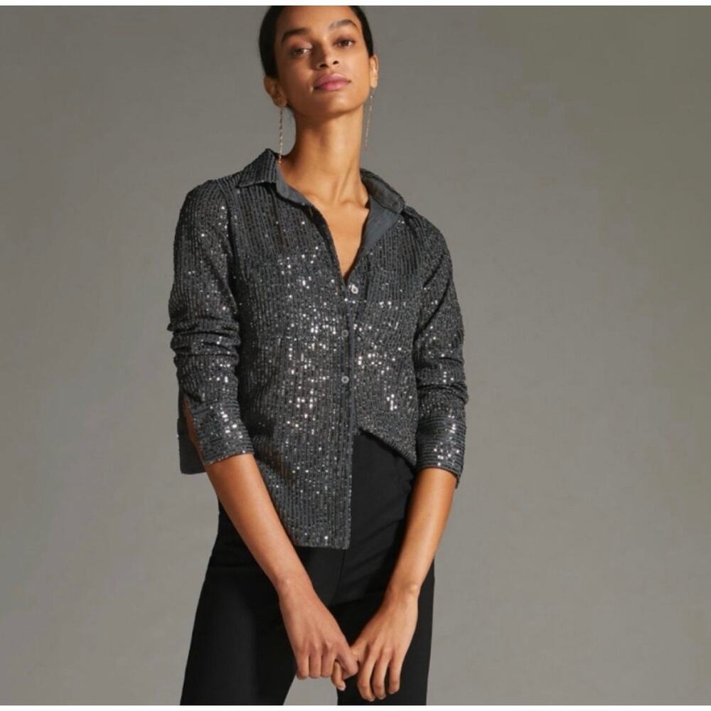 Anthropologie Charcoal Sequin Button-Up Blouse